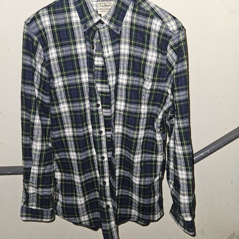 LL Bean Men 100% Cotton Flannel Long Sleeve Collar Green Plaid Shirt Size M Tall